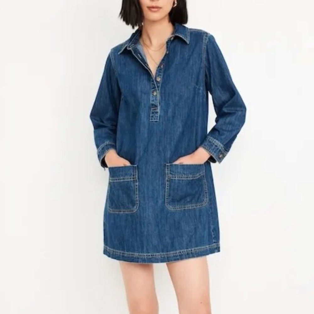 Old Navy Denim Jean Popover Shirt Dress Shift Long Sleeve Patch Pocket Utility
